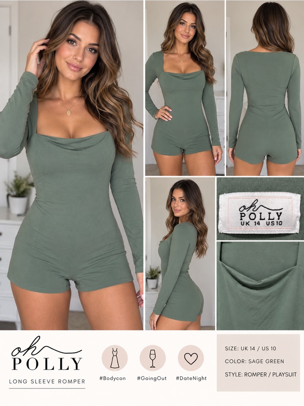 Oh Polly Sage Green Long Sleeve Fitted Romper US 10